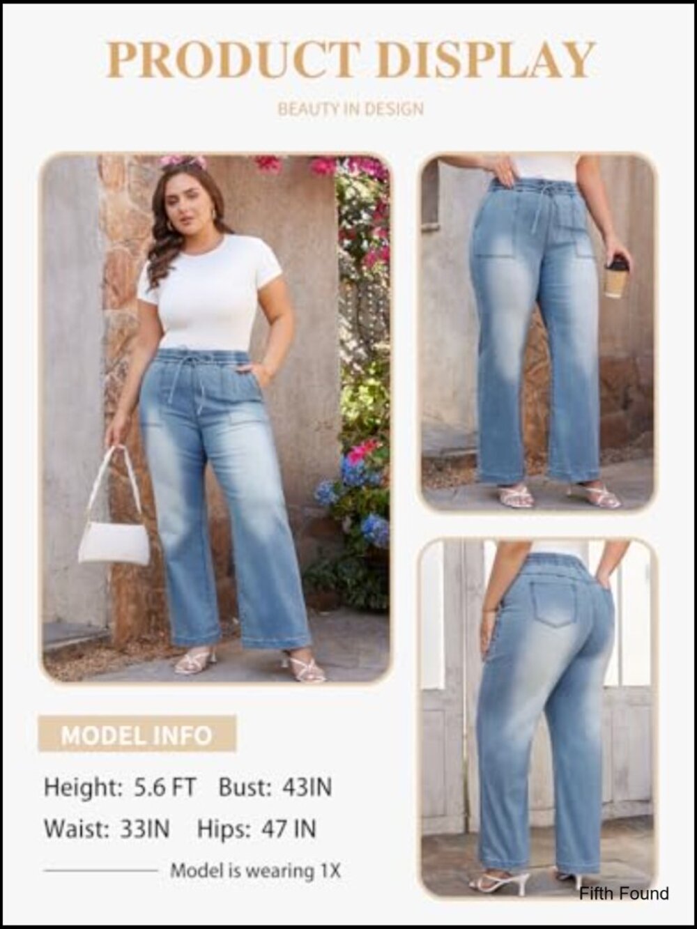Plus Size High Waisted Straight Leg Drawstring Denim Pants Stretchy - Picture 3 of 7